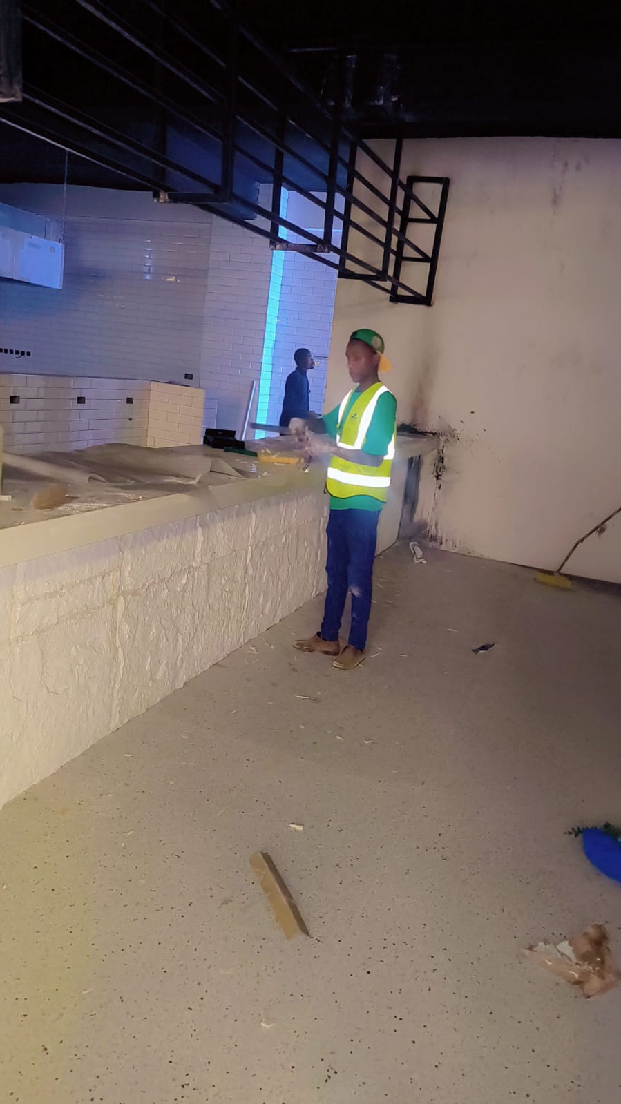 Stone feature wall installation in a reception area